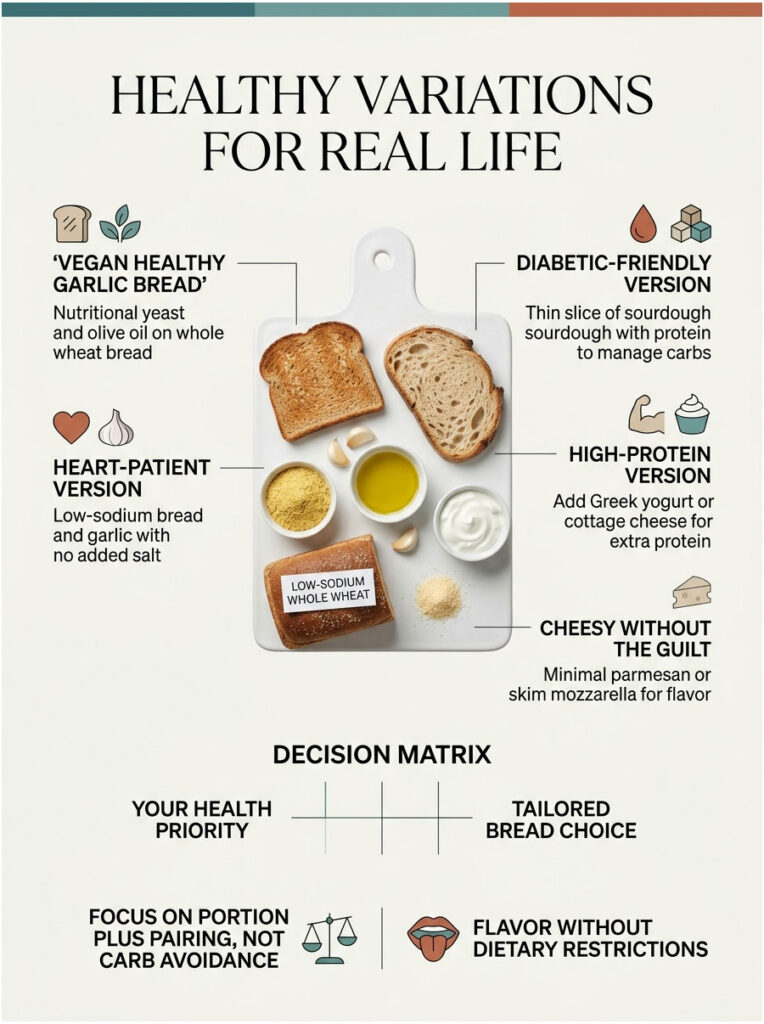 Infographic showing healthy bread variations with options for vegan, diabetic, heart patients, and high-protein diets.