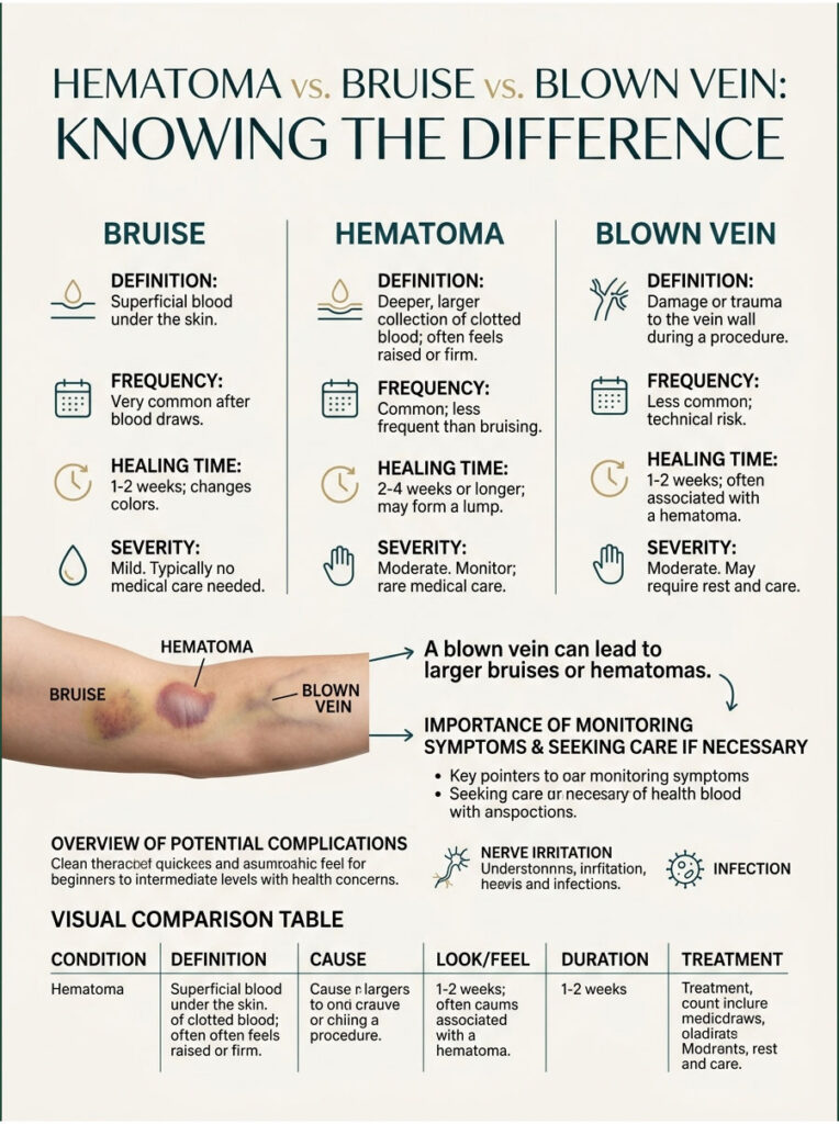 Infographic comparing bruises, hematomas, and blown veins with definitions, frequency, healing time, and severity.
