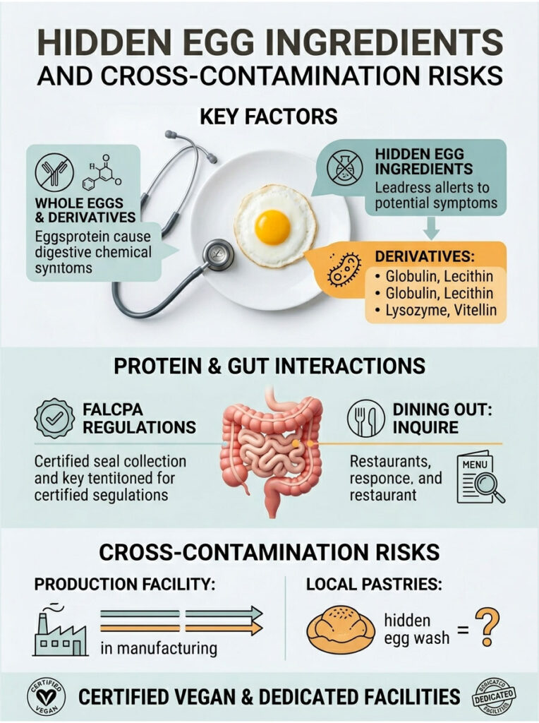 Infographic detailing hidden egg ingredients, cross-contamination risks, and gut interactions with visuals and text.