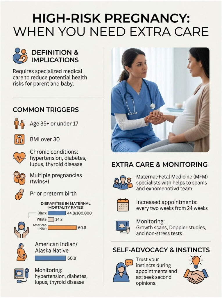 Infographic on high-risk pregnancy, detailing triggers, care, and monitoring statistics with illustrations.