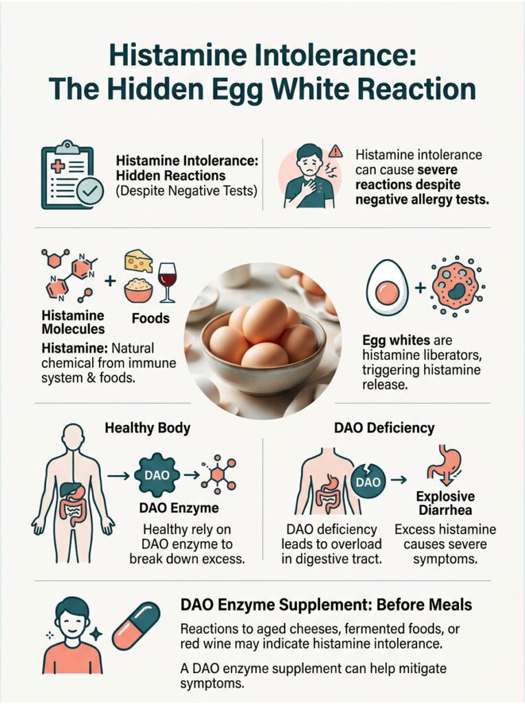 Infographic explaining histamine intolerance, highlighting egg whites, DAO enzyme, and symptoms like explosive diarrhea.