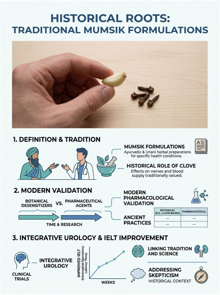 Hand holds a clove with illustrations of doctors, graphs, and text on traditional Mumsik formulations infographic.
