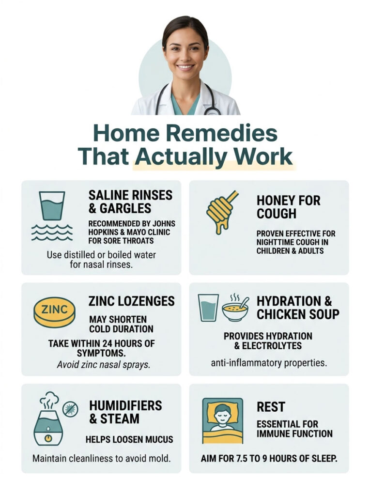 Infographic showing home remedies for sore throats, including saline rinses, honey, zinc lozenges, and hydration.