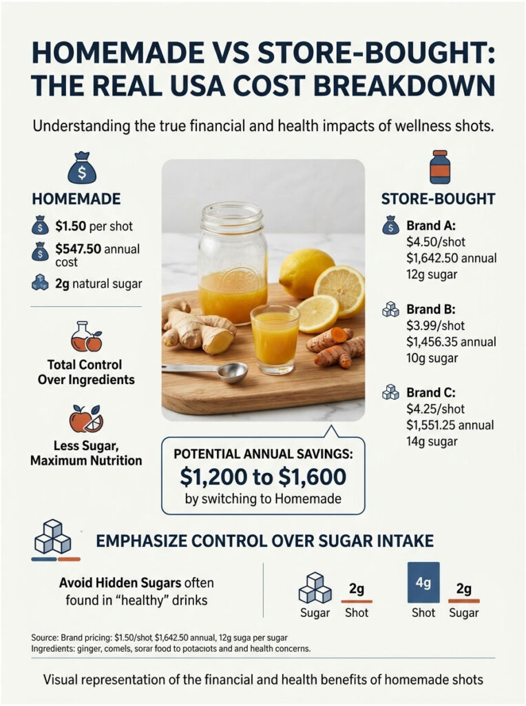 Infographic comparing homemade and store-bought wellness shots, showing costs, sugar content, and savings.