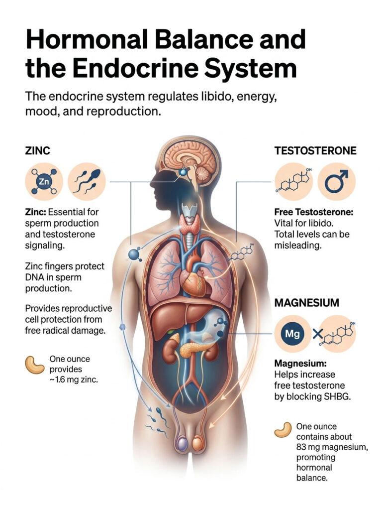 Infographic illustrating hormonal balance with details on zinc, testosterone, and magnesium's roles in the endocrine system.