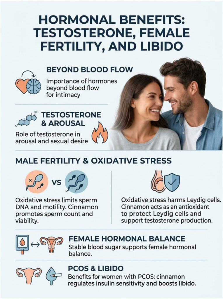 Infographic on hormonal benefits, featuring sections on testosterone, fertility, and libido with icons and illustrations.