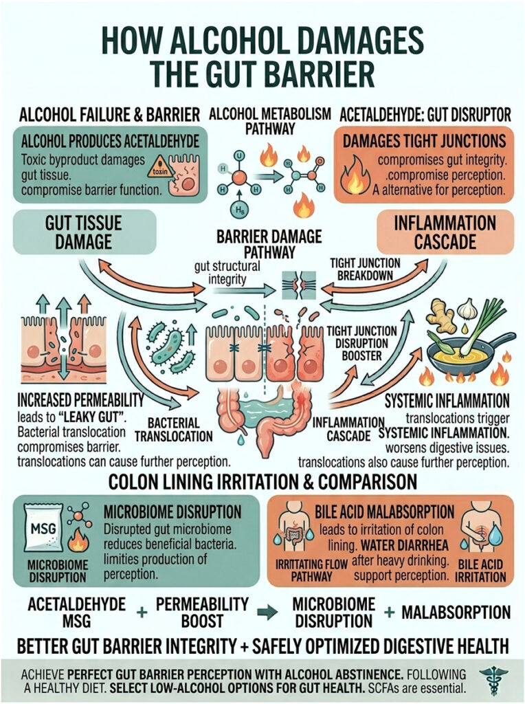 Infographic explaining how alcohol damages the gut barrier, featuring pathways and effects on gut health.