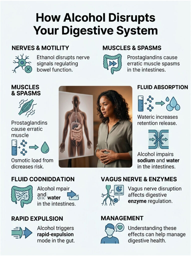 Infographic explaining how alcohol disrupts the digestive system, featuring text and illustrations on various effects.