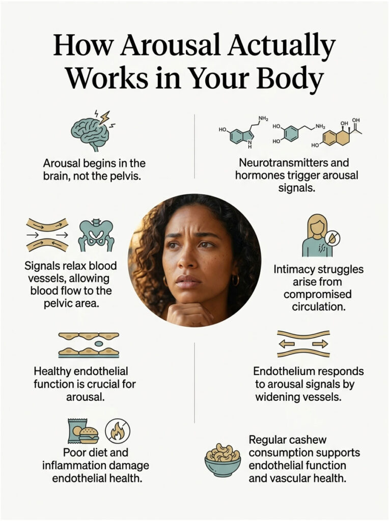 Infographic explaining how arousal works, featuring text, illustrations, and a woman's portrait.