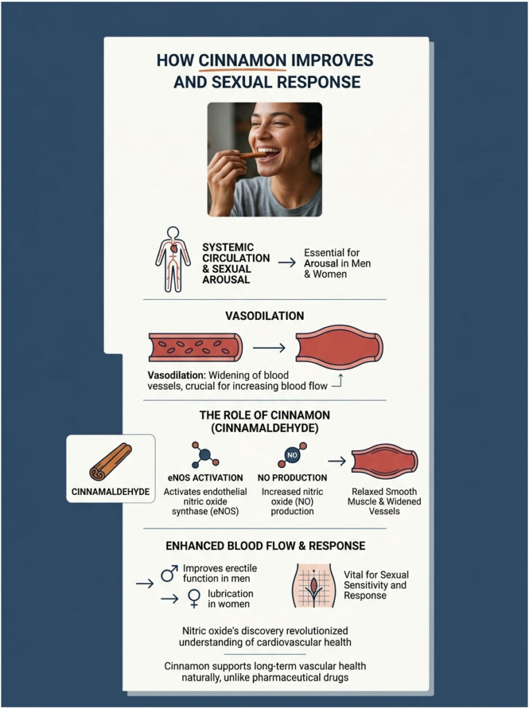 Infographic showing how cinnamon improves sexual response, featuring charts on blood flow and arousal in men and women.