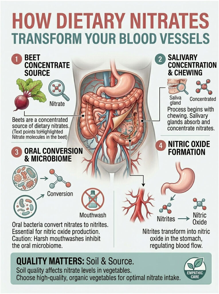 Infographic showing how dietary nitrates from beets transform blood vessels through various processes.