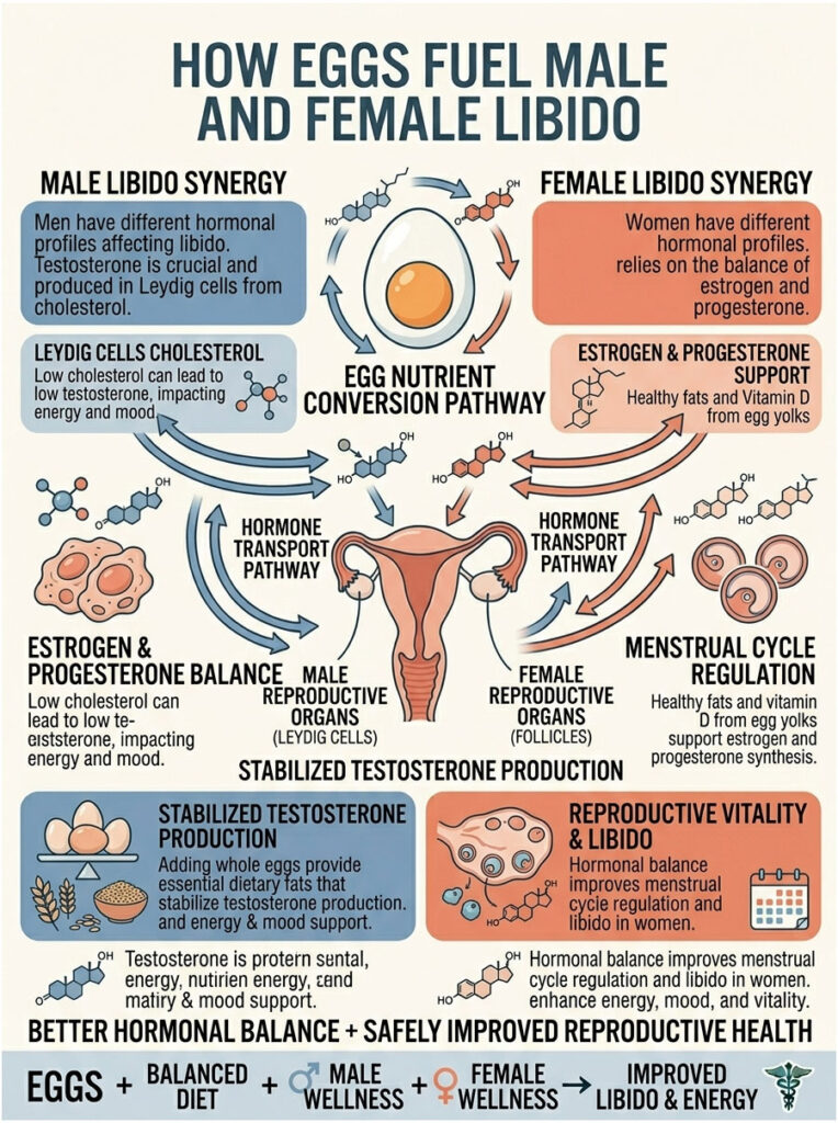 Infographic showing how eggs support male and female libido with pathways, hormone balance, and nutritional benefits.