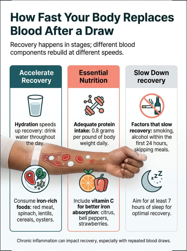 Infographic showing recovery stages after blood draw: hydration, nutrition, and factors slowing recovery.