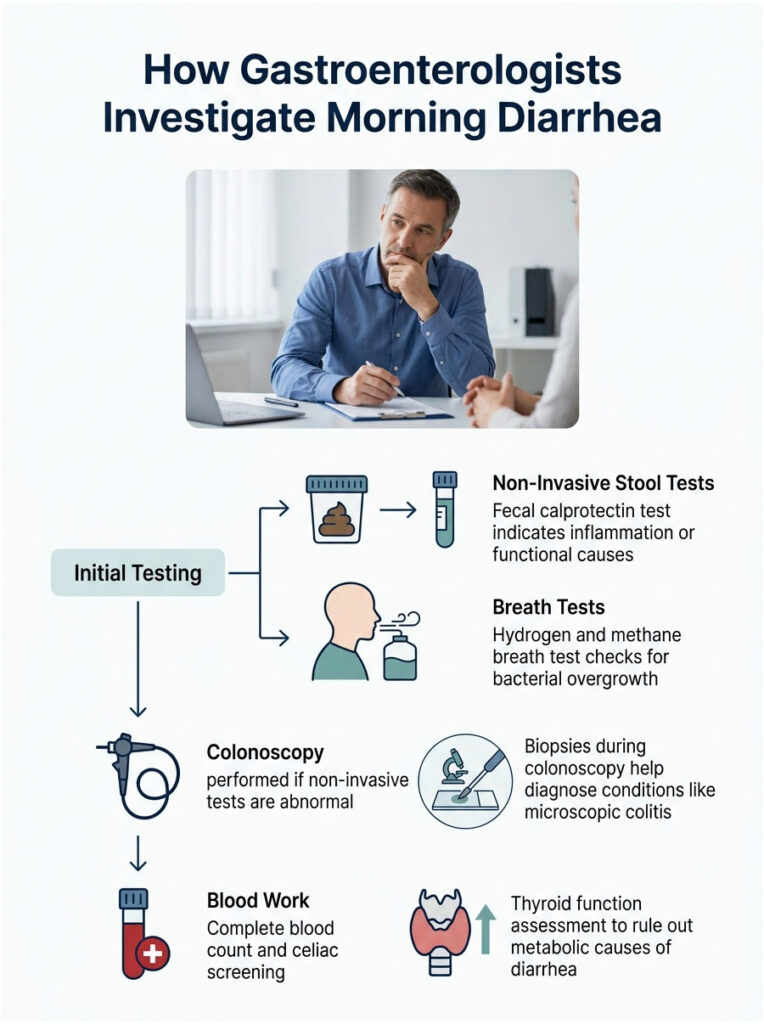 Infographic showing how gastroenterologists investigate morning diarrhea with testing methods and illustrations.