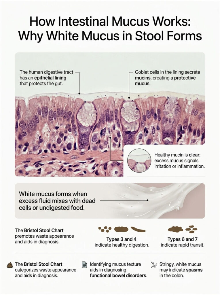 Infographic explaining intestinal mucus, featuring epithelial lining, goblet cells, and Bristol Stool Chart indicators.
