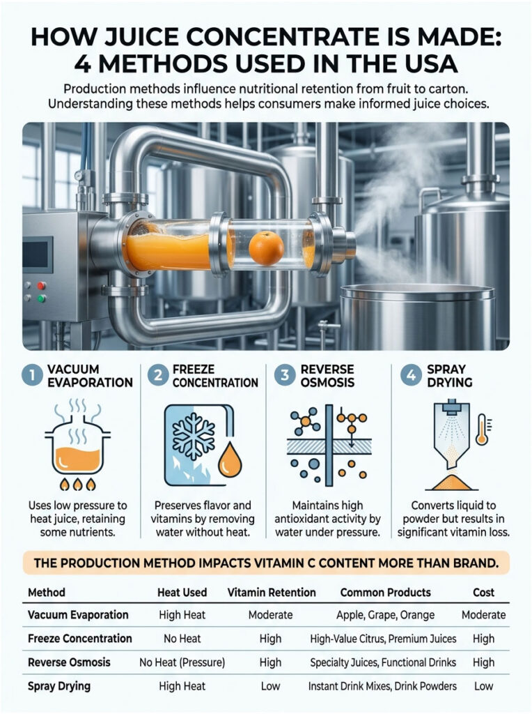 Infographic explaining four juice concentrate methods: Vacuum Evaporation, Freeze Concentration, Reverse Osmosis, Spray Drying.