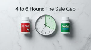 Two medicine bottles, Tylenol and DayQuil, beside a clock showing 4 to 6 hours on a marble background.