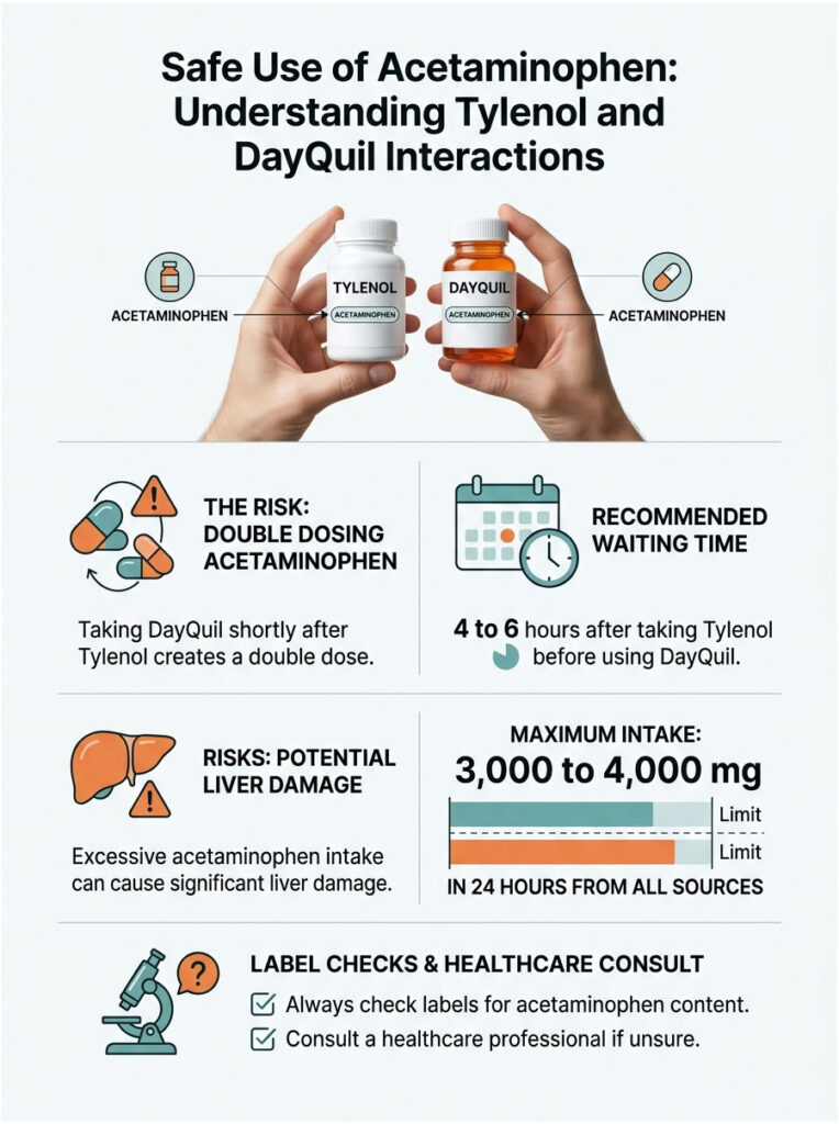Infographic on safe acetaminophen use, showing Tylenol and DayQuil interactions, risks, and recommendations.