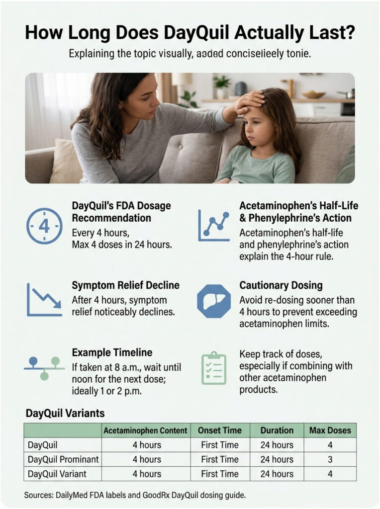 Infographic explaining DayQuil dosage, symptom relief timeline, and acetaminophen's action with charts and icons.