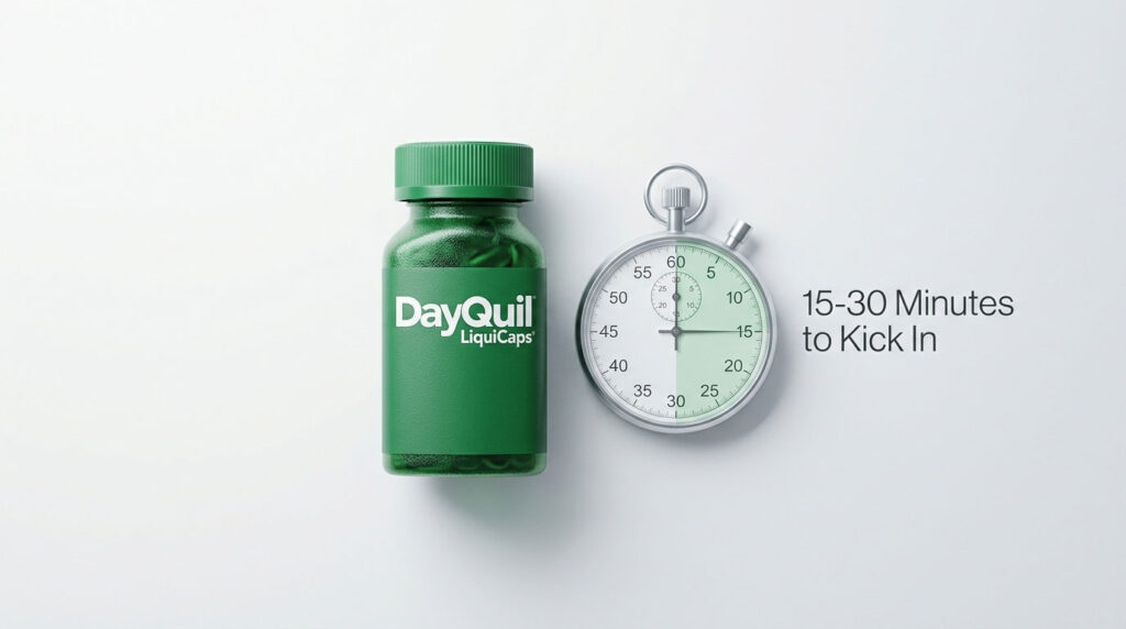 Green DayQuil LiquiCaps bottle next to a stopwatch showing 15-30 minutes to kick in.