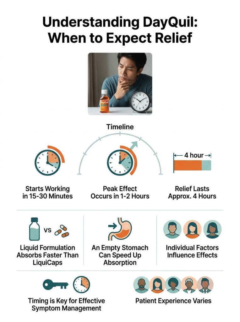 Infographic showing DayQuil relief timeline, effects, and absorption details with icons and a person thinking.