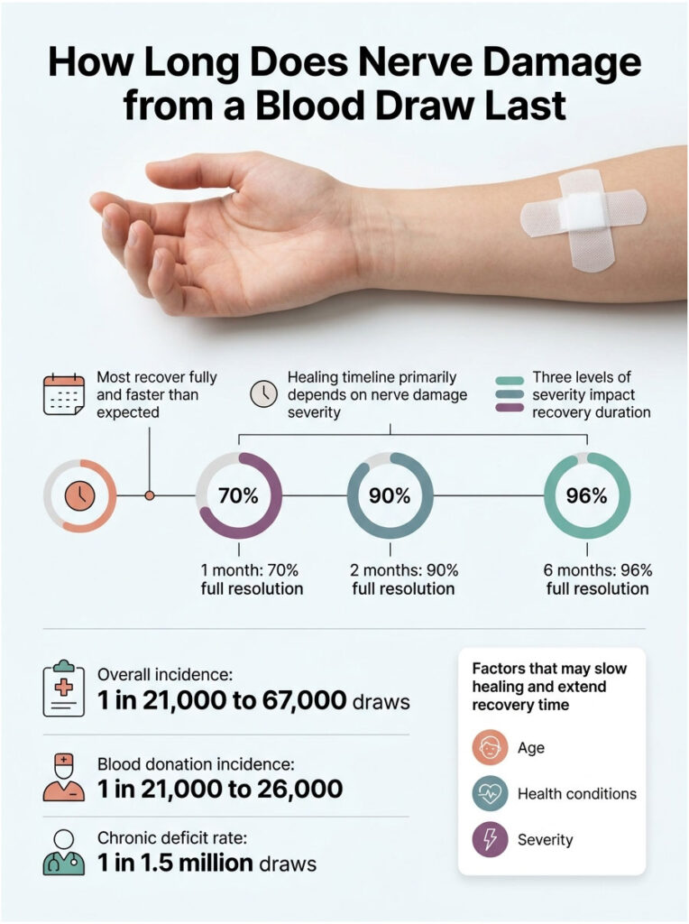 Infographic showing nerve damage recovery timeline from blood draw with statistics on healing and incidence rates.