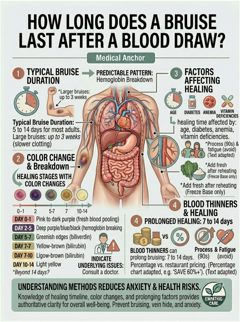 Infographic showing how long bruises last after blood draw, detailing duration, color changes, and healing factors.