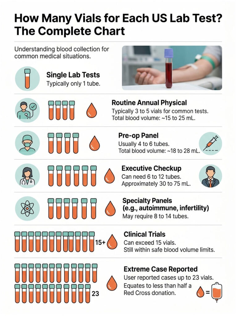 Infographic showing blood vial requirements for various US lab tests, including single tests and annual physicals.