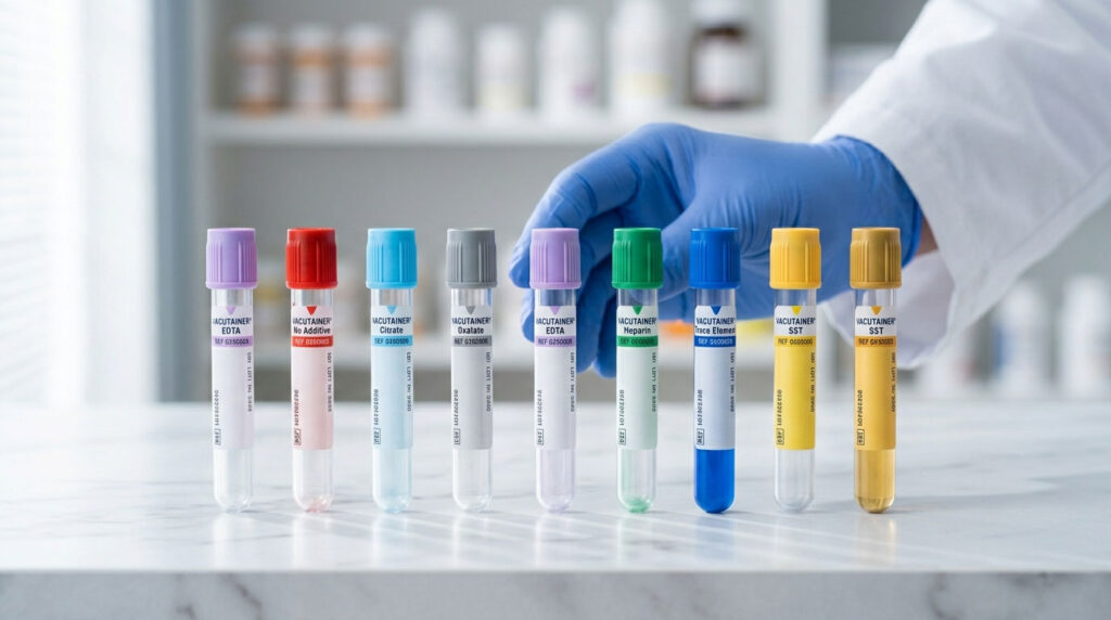 A gloved hand holds various colored blood collection tubes on a marble surface in a lab setting.