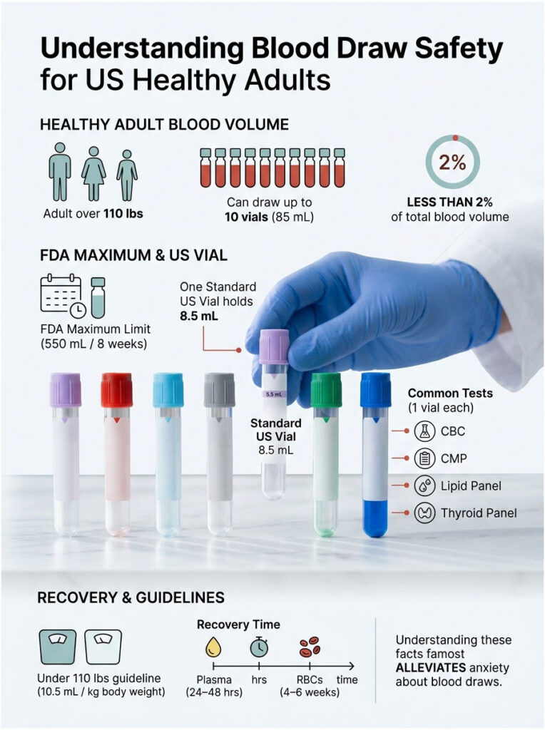 Infographic showing blood draw safety for healthy adults, including vial sizes=
