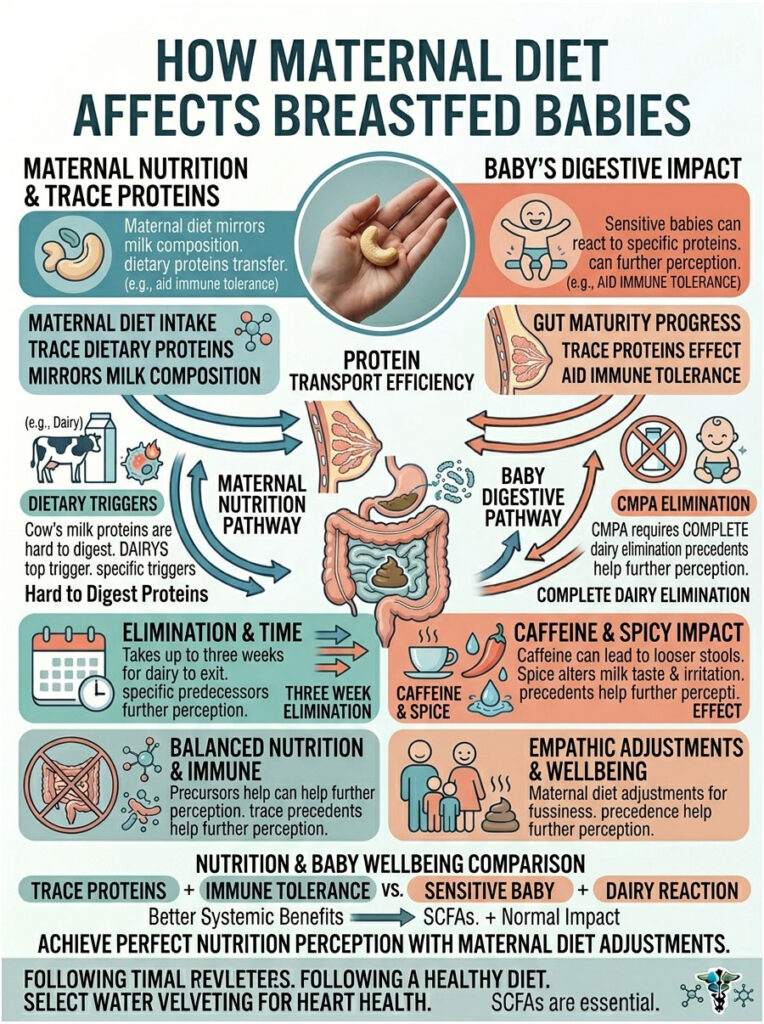 Infographic showing how maternal diet affects breastfed babies, including dietary triggers and digestive pathways.