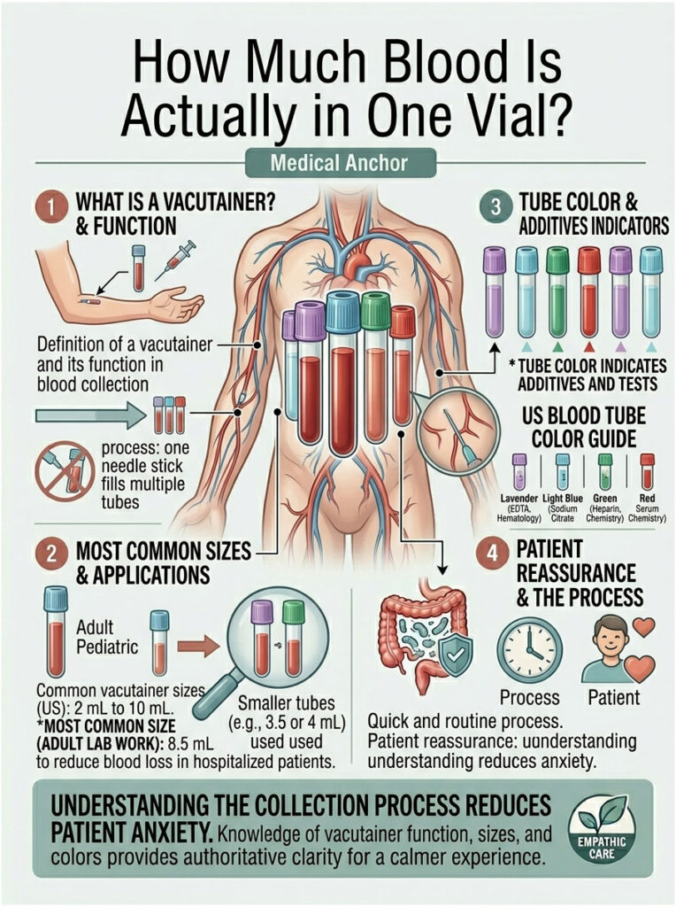 Infographic explaining blood collection, showing vials, tube colors, and patient reassurance elements.