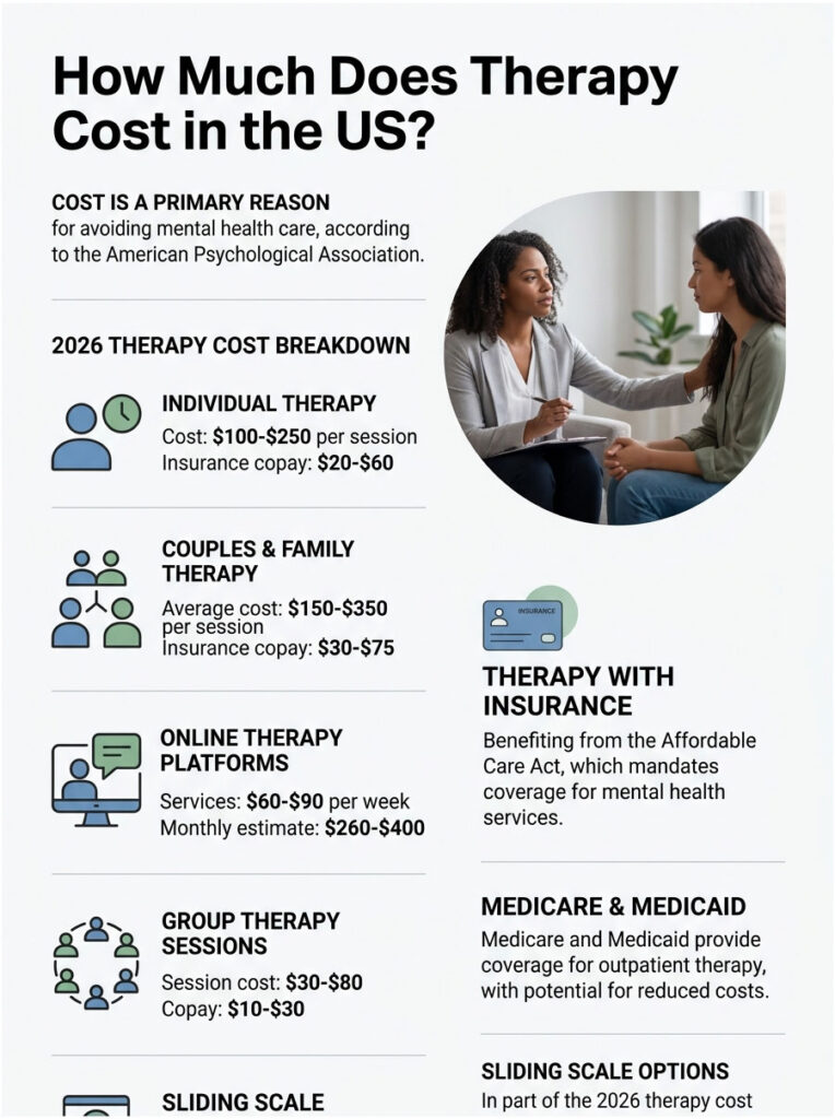 Infographic detailing therapy costs in the US, including individual, couples, online, and group therapy expenses.