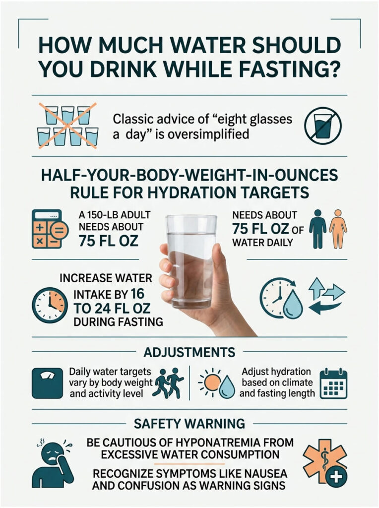 Infographic showing hydration guidelines while fasting, including water intake recommendations and safety warnings.