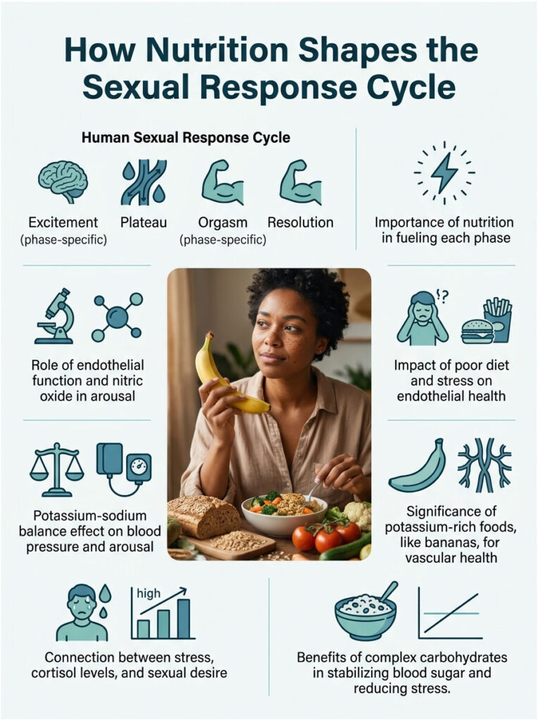 Infographic showing how nutrition affects the human sexual response cycle with charts and illustrations of food.