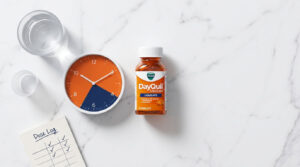 A bottle of DayQuil LiquiCaps next to a clock and a glass of water on a marble surface.