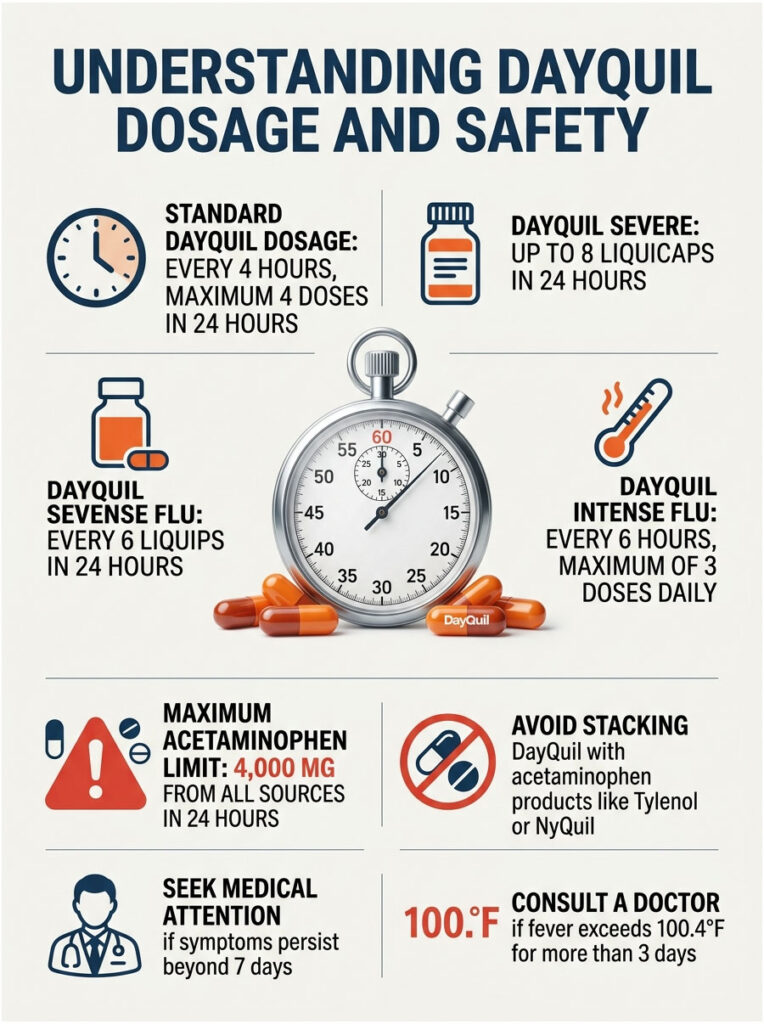 Infographic detailing DayQuil dosage guidelines, safety tips, and maximum acetaminophen limits with icons and a stopwatch.