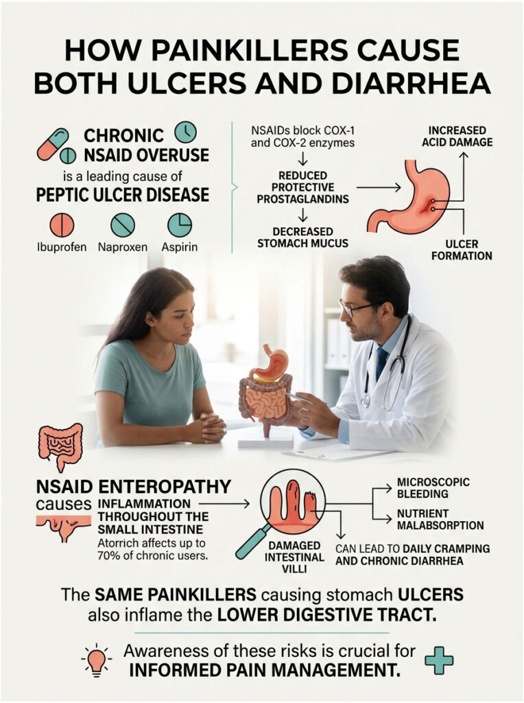 Infographic illustrating how painkillers cause ulcers and diarrhea, featuring charts and icons related to NSAID effects.