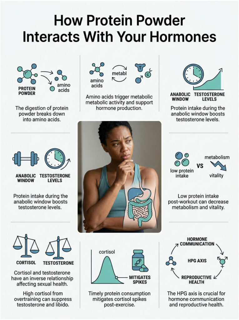 Infographic explaining how protein powder affects hormones, featuring charts and illustrations about amino acids and testosterone levels.