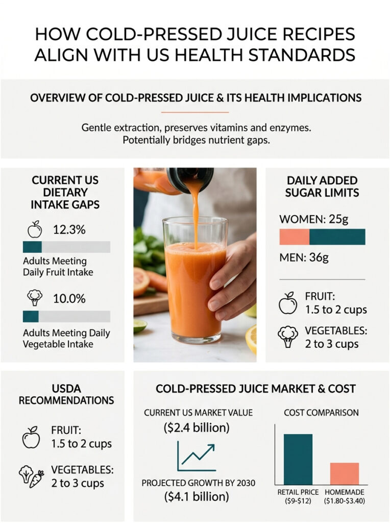 Infographic showing cold-pressed juice benefits, dietary intake gaps, and market growth statistics.