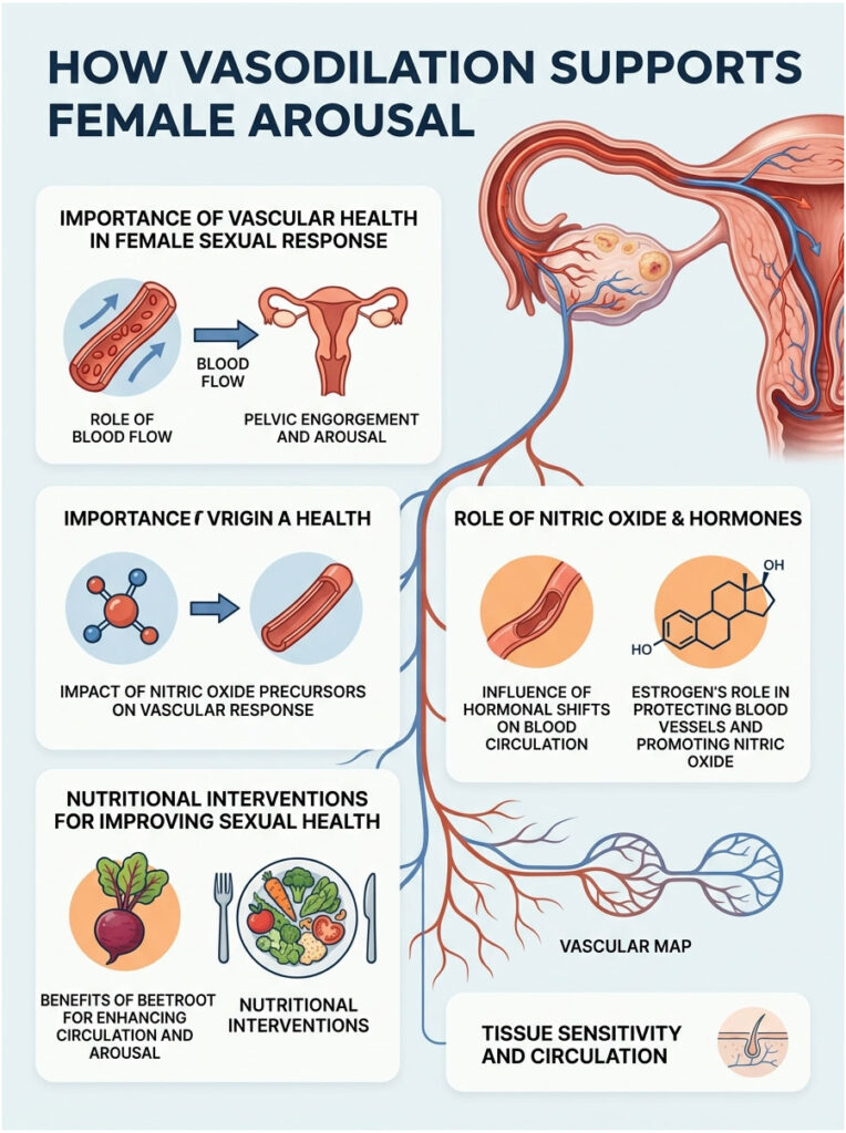 Infographic showing how vasodilation supports female arousal with charts on blood flow and nitric oxide's role.