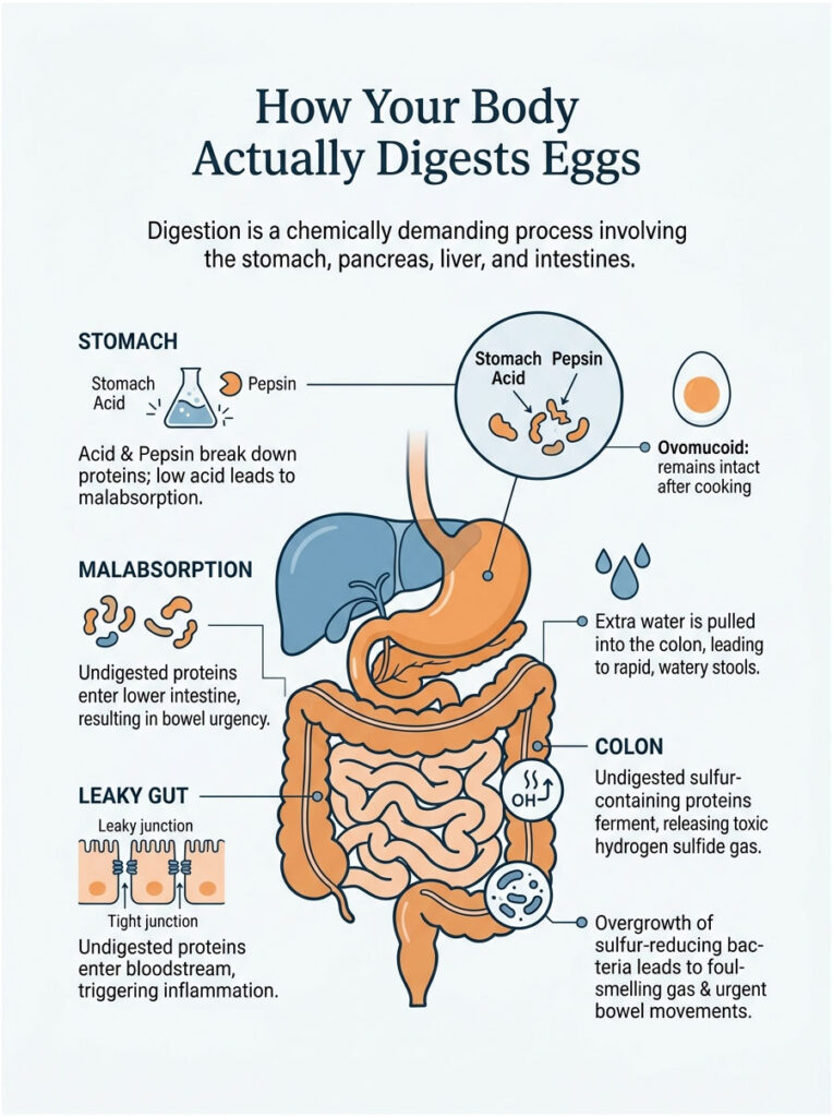 Infographic illustrating the digestion of eggs, showing stomach, malabsorption, leaky gut, and colon processes.