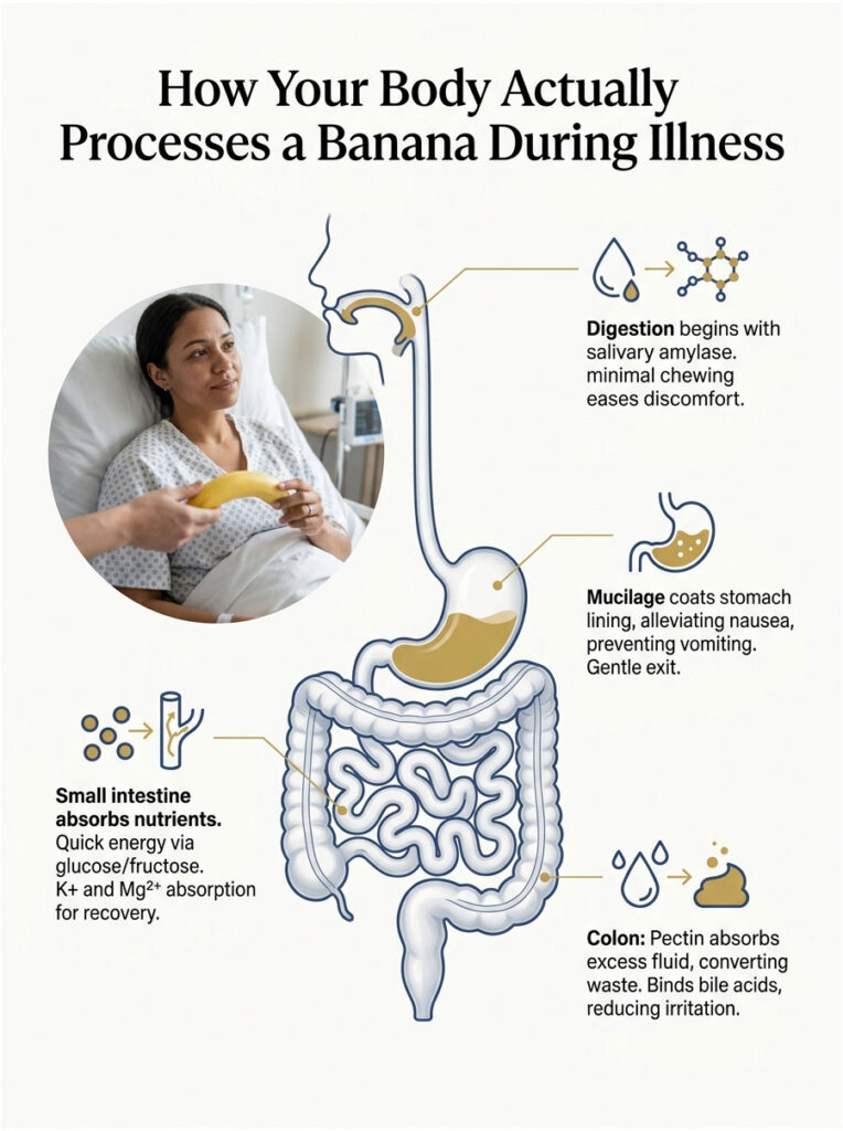 Woman in hospital holding a banana, illustrating digestion process during illness with labeled body parts and functions.