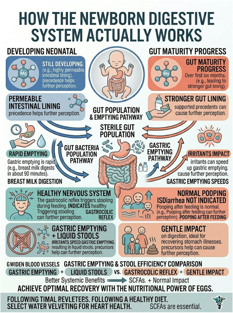 Infographic illustrating newborn digestive system development, gut maturity, and gastric emptying processes with icons and text.