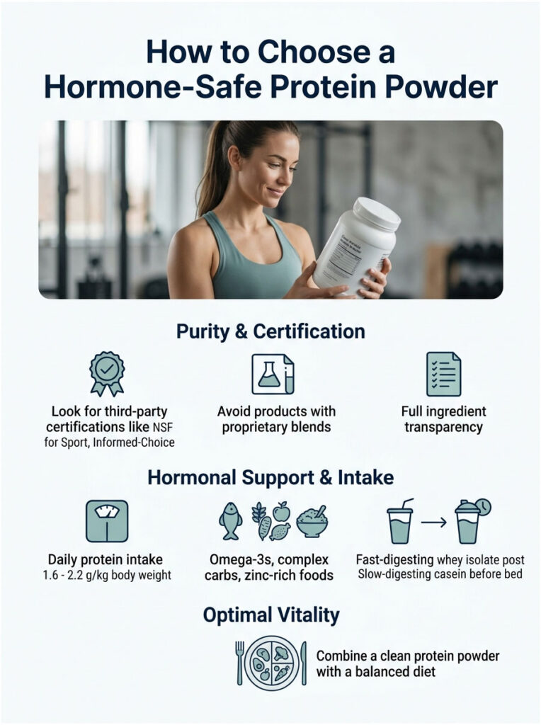 Infographic on choosing hormone-safe protein powder, featuring text and icons on purity, intake, and vitality.
