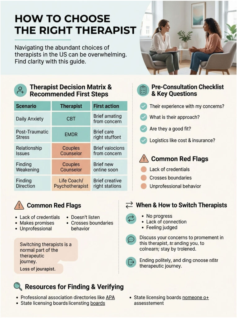 Infographic on choosing the right therapist, featuring decision matrix, checklist, red flags, and resources for verification.