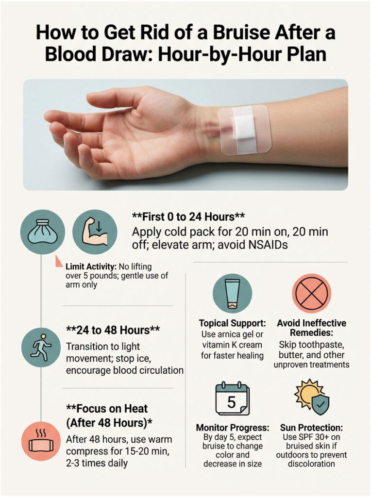 Infographic detailing steps to reduce a bruise after a blood draw, including timeframes and remedies.