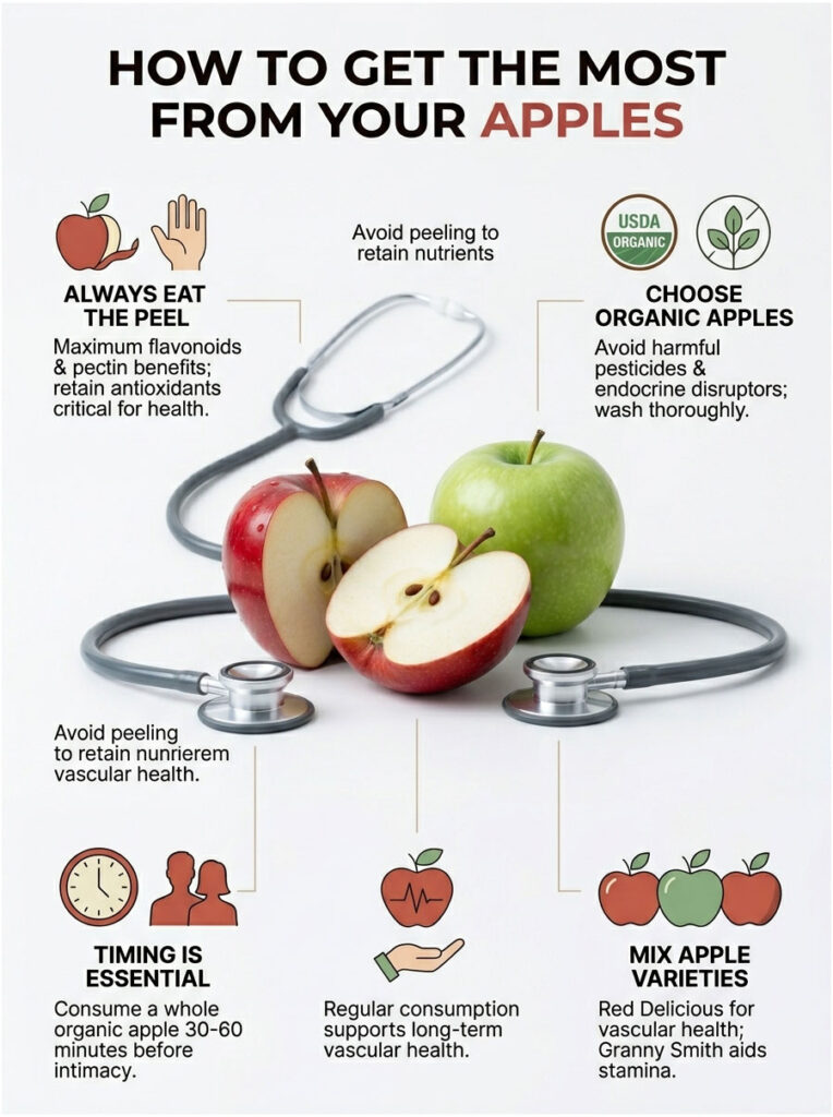 Infographic detailing how to maximize health benefits from apples with tips on eating, choosing, and timing.