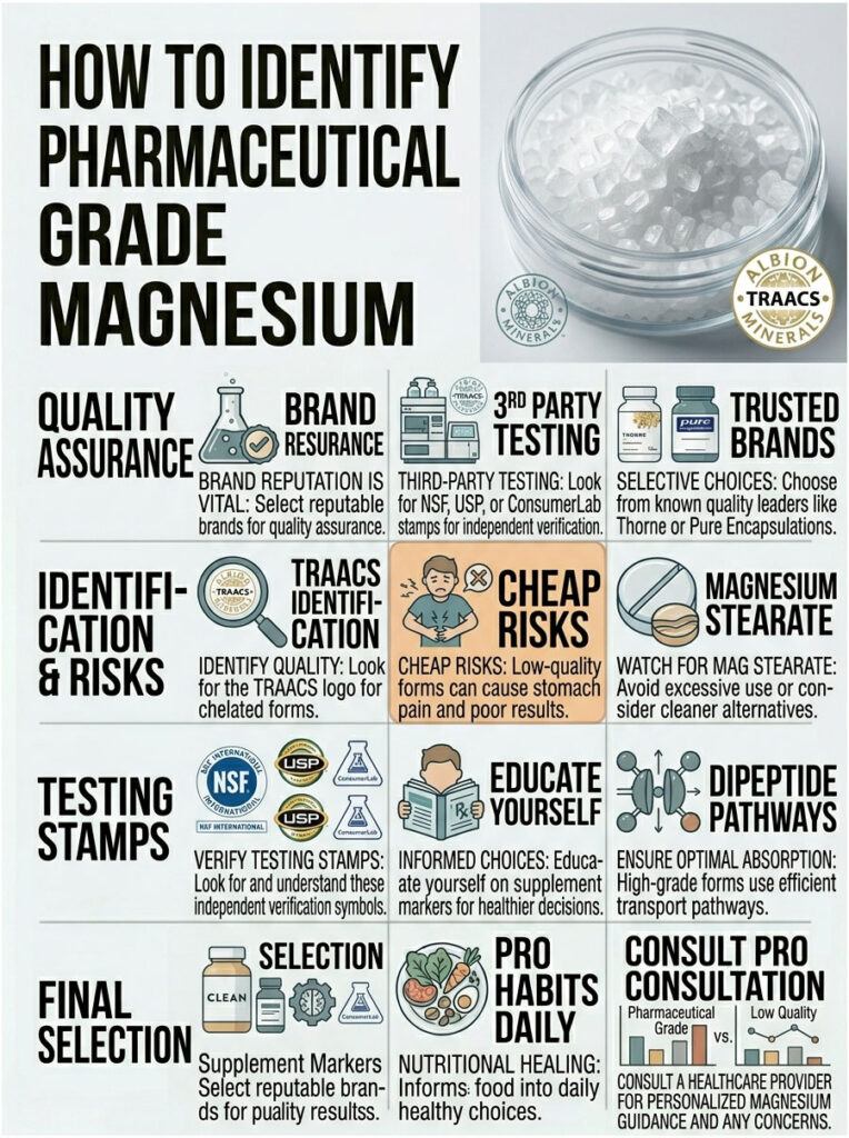 Infographic detailing how to identify pharmaceutical grade magnesium with icons and key points on quality assurance and risks.