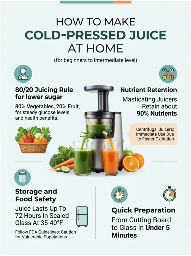 Infographic on making cold-pressed juice at home with tips on juicing rules and nutrient retention.